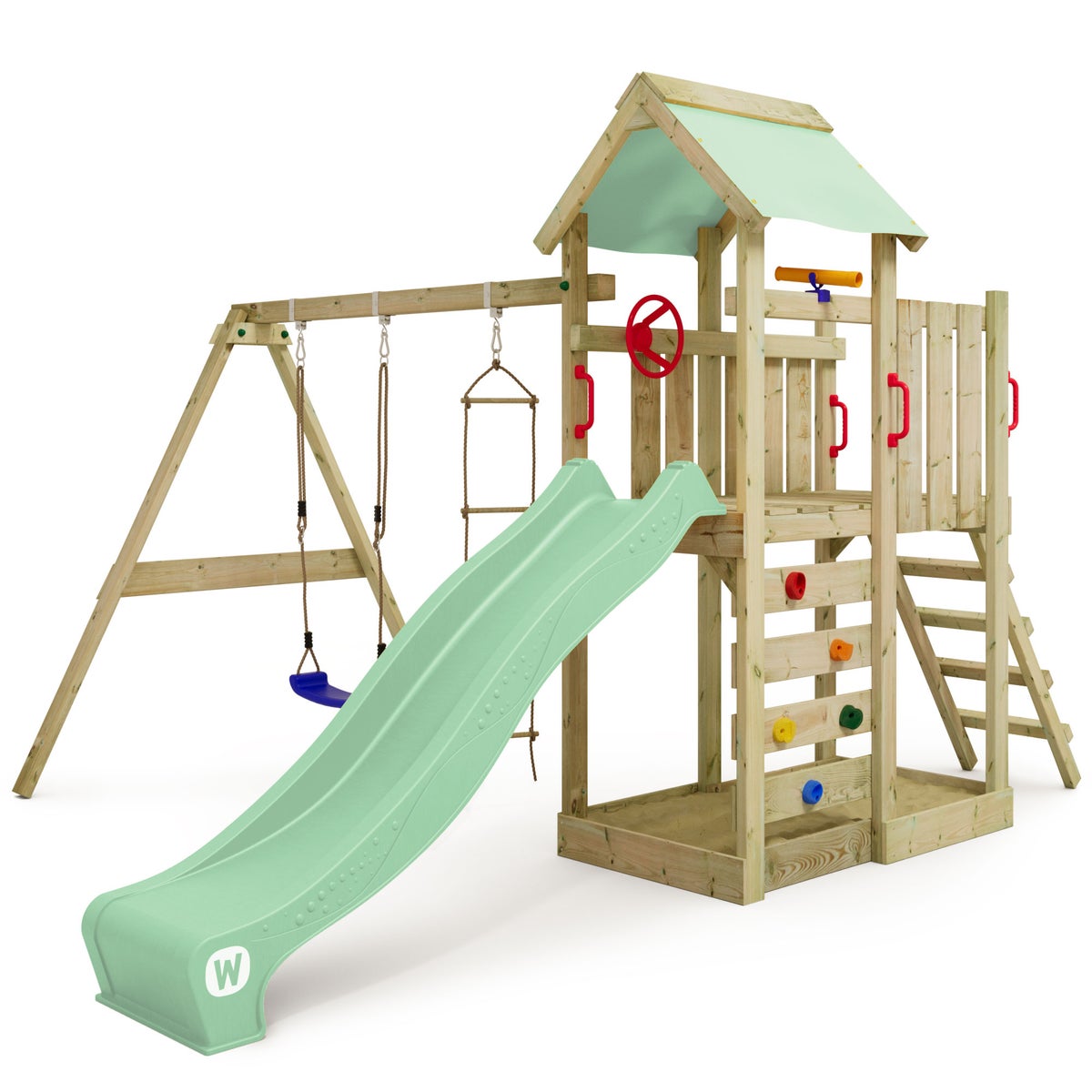 WICKEY Spielturm Klettergerüst MultiFlyer mit Schaukel und Rutsche, Kletterturm mit Sandkasten, Leiter und Spiel-Zubehör – pastellgrün