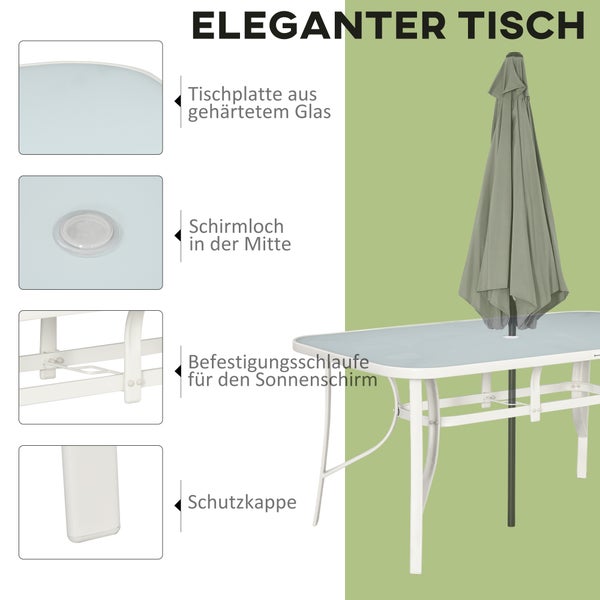 Outsunny 8tlg. Gartenmöbel, Gartenset mit Sonnenschirm, 1 Tisch+6 Stühle, für Garten Terrasse, 150L x 90B x 71H cm, Aluminium, Cremeweiß+Hellgrau