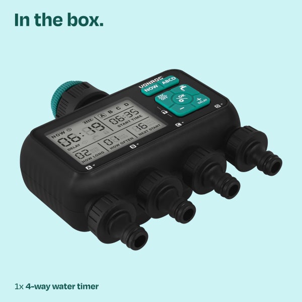 Digitale 4-Wege-Bewässerungsuhr mit Vonroc Logo, LCD-Anzeige, Bedientasten und vier Schlauchanschlüssen.