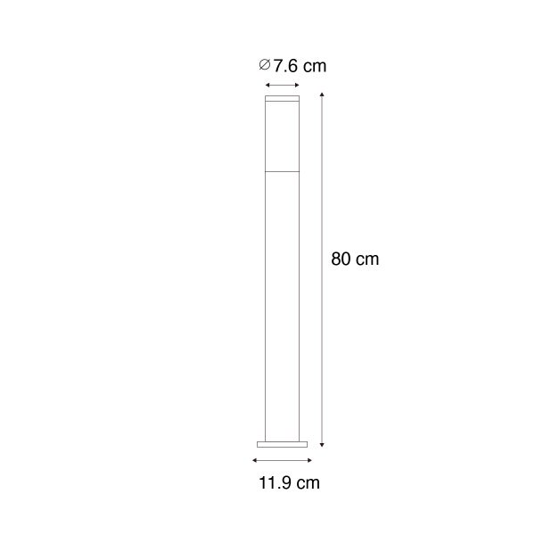 Maßzeichnung einer Wegeleuchte: Höhe 80 Zentimeter, Durchmesser oben 7,6 Zentimeter, Standfuß 11,9 Zentimeter.