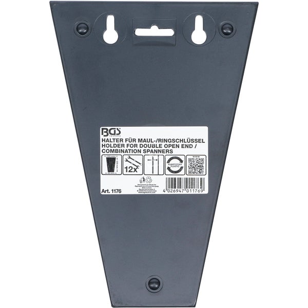 Schwarzer BGS technic Halter für 12 Maul- und Ringschlüssel aus Kunststoff mit Aufhängelöchern.