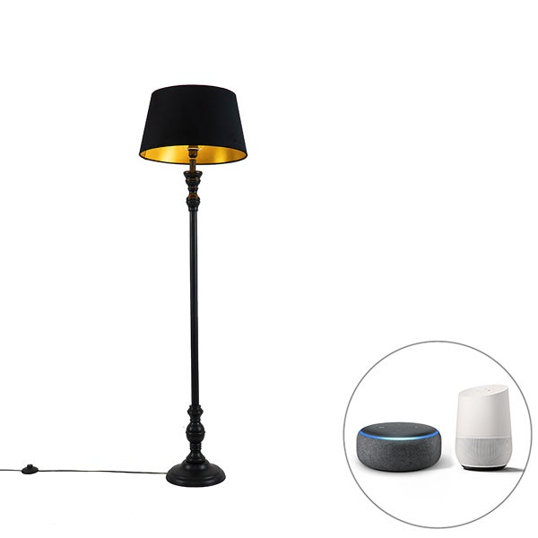 QAZQA - Klassisch I Antik Smarte Stehleuchte I Stehlampe I Standleuchte I Lampe I Leuchte mit 45 cm Schirm schwarz inkl. WLAN A60 - Classico Dimmer I Dimmbar I Wohnzimmer I Schlafzimmer - Holz Länglic