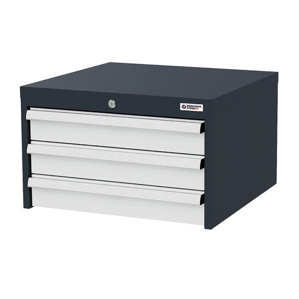 Werkzeugschrank aus Metall in Anthrazit mit 3 silbernen Schubladen und Schloss. Werkzeug Store24 Logo.