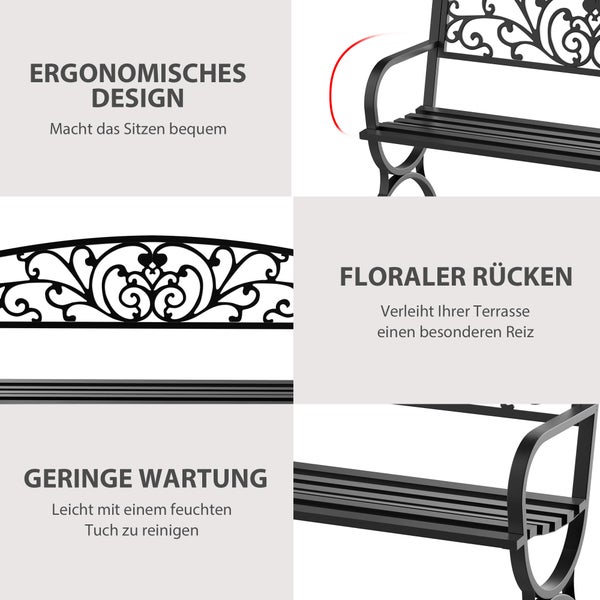 Outsunny Gartenbank, Sitzbank, 127x60x85 cm, Metall, Schwarz