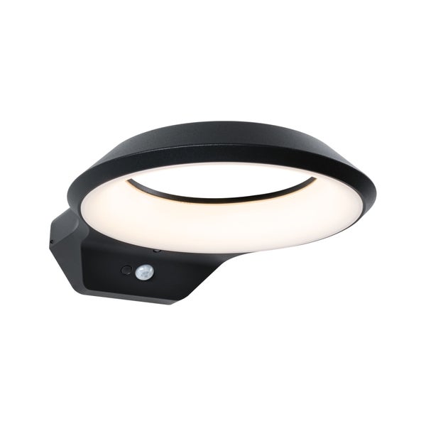 Moderne LED-Außenwandleuchte in Anthrazit mit ringförmigem Leuchtenkopf und integriertem Bewegungsmelder.