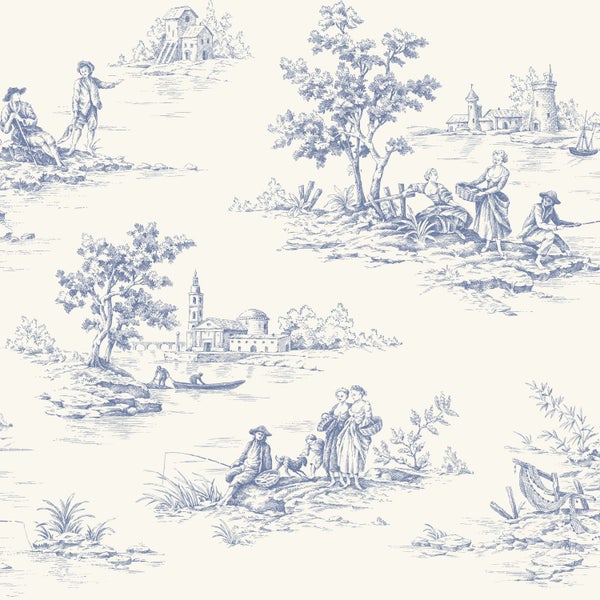 Vliestapete mit Toile-de-Jouy Muster, blaue ländliche Szenen mit Menschen, Bäumen und Gebäuden.