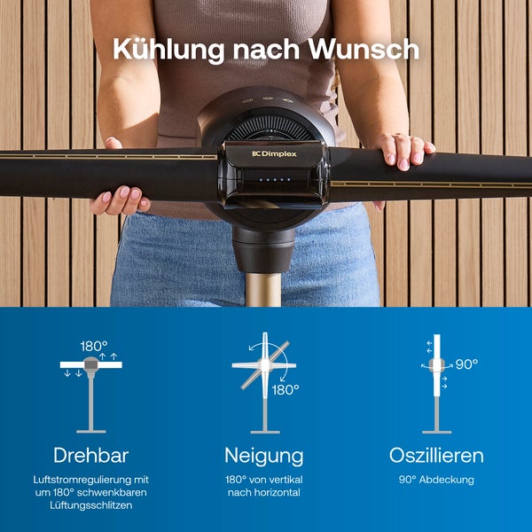 Dimplex Ventilator mit Funktionen: 180 Grad drehbare Lüftungsschlitze, 180 Grad Neigungswinkel und 90 Grad Oszillation. Dimplex Logo.