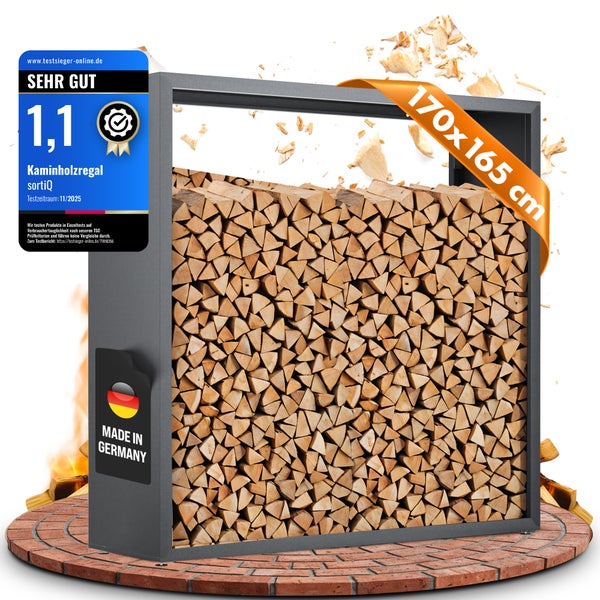 Kaminholzregal mit Holzscheiten gefüllt, Maße 170x165 cm, Made in Germany Siegel und Testsieger Siegel