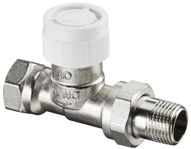 Thermostat-Ventilunterteil in Durchgangsform aus Metall mit weißer Bauschutzkappe.