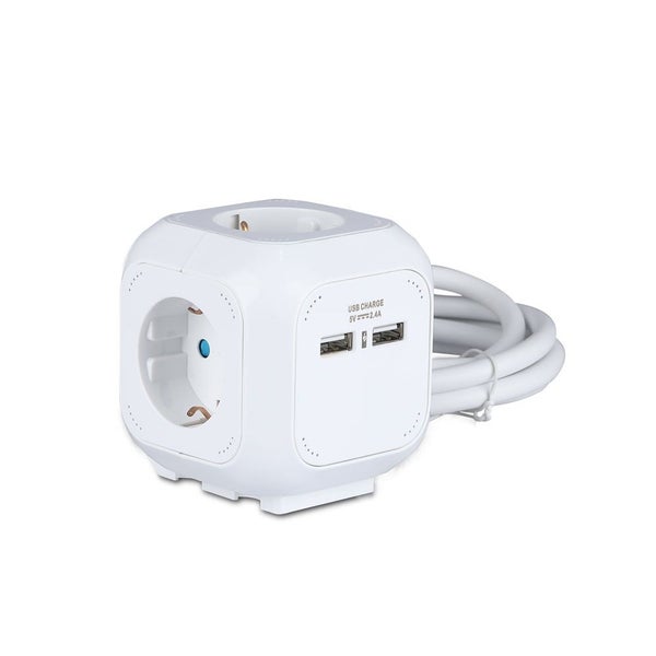 Würfelförmige Mehrfachsteckdose in Weiß mit zwei USB-Ladeanschlüssen und integriertem Kabel.