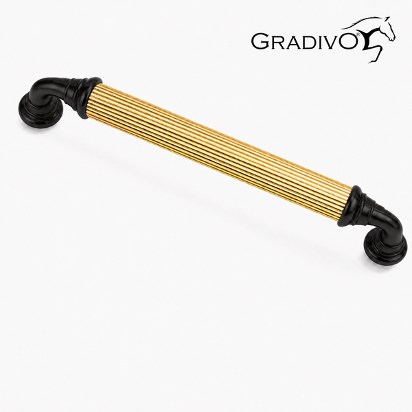 Gradivo Möbelgriff mit geriffeltem Mittelteil in Gold-Optik und schwarzen geschwungenen Endstücken.