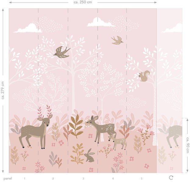 Fototapete mit Waldmotiven, inklusive Rehe, Hase, Eichhörnchen und Vögel