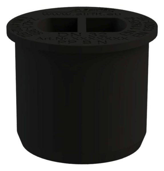 Schwarzer Airfit Hochtemperatur-Abwasser-Stopfen Nennweite 32 aus Kunststoff Polypropylen.