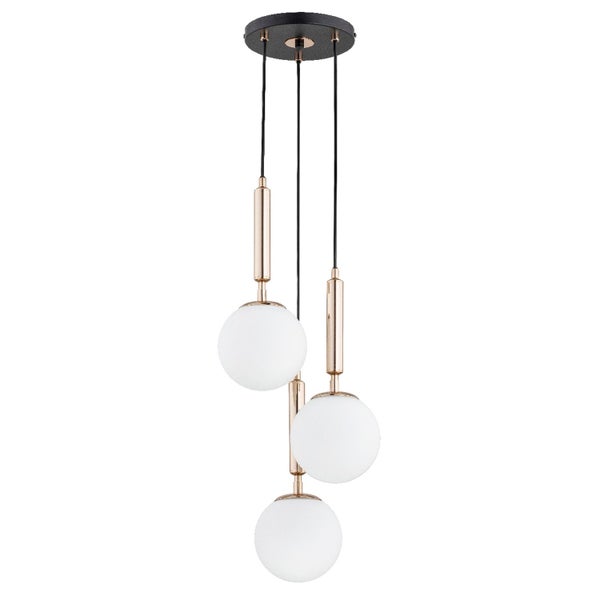 Moderne Pendelleuchte mit drei kugelformigen Glaskuppeln an metallenen Aufhängungen zur Deckenmontage