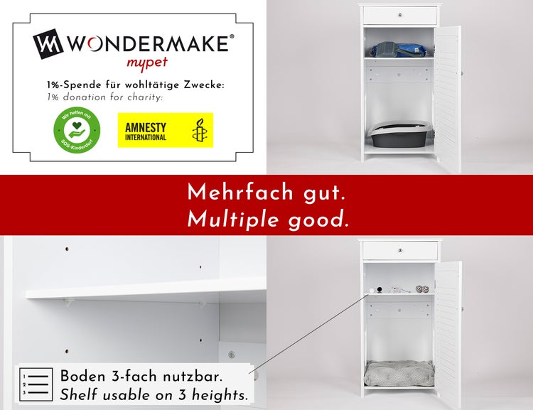 WONDERMAKE - Katzenschrank für Katzentoilette groß hoch aus Holz, Katzenklo-Schrank Kommode mit Schublade und Tür geschlossen, Design Katzen-Haus Toilette Klo XL, weiß