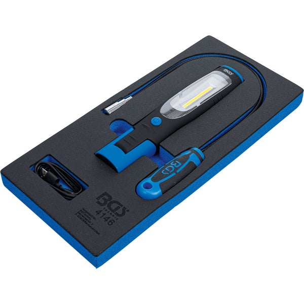 BGS technic LED-Werkstattlampen-Set im Schaumstoffeinleger mit Arbeitsleuchte, flexibler Stablampe und USB-Ladekabel.