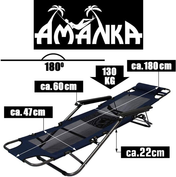 Faltbare Campingliege Freizeitliege | Verstellbare Gartenliege | Liegestuhl mit Nackenstütze | Klappliege in Dunkelblau | Stahlrahmen | Belastbarkeit max. 100KG | 178cm