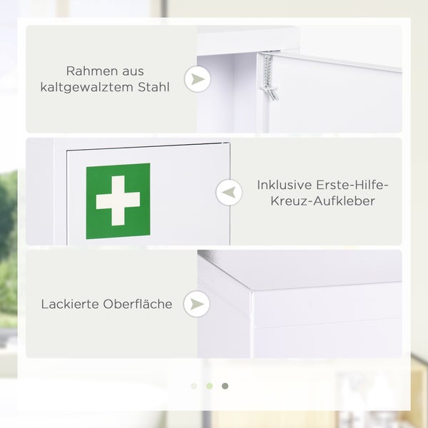 kleankin Medizinschrank, Apothekerschrank mit 3 Fächern, Medikamentenschrank, Abschließbarer Erste Hilfe Schrank mit 2 Schlüsseln, Stahl, Weiß, 40 x 15 x 53,5 cm