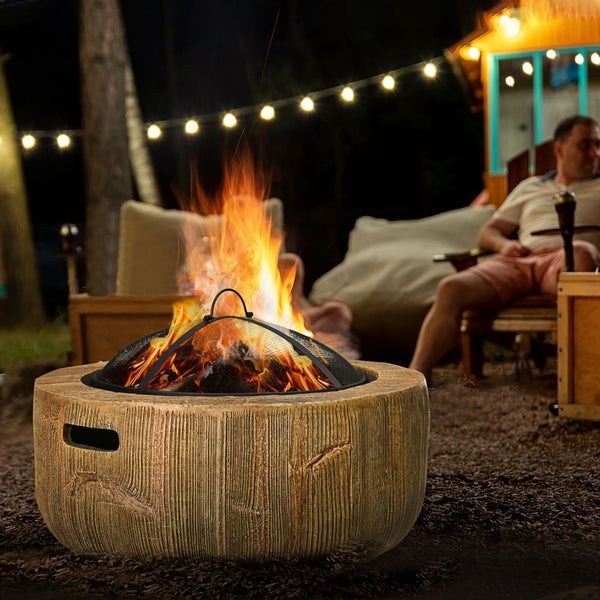 Outsunny Feuerschale, Feuerstelle mit Deckel, Feuerkorb mit Schürhaken, im Baumstumpf-Design, für Garten, Camping, Terrasse, Stahl, MgO, Braun
