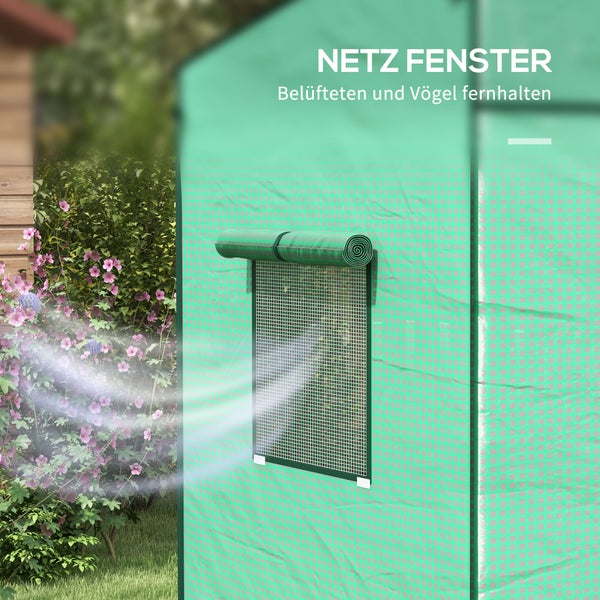 Netzfenster eines Gewächshauses zur Belüftung und zum Schutz vor Vögeln, mit aufgerolltem Fenster und dargestelltem Luftstrom.