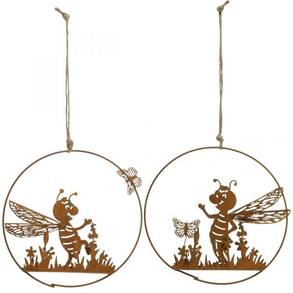 Zwei Metallfiguren mit Aufhängung, Motiv Bienen und Schmetterlinge, Gartendekoration