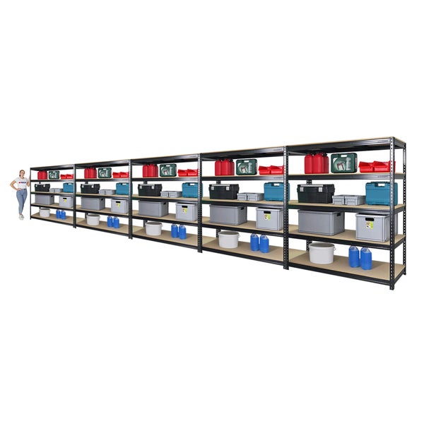 PROREGAL Mega Deal 5x Profi Schwerlastregal Bison HxBxT 200 x 180 x 60 cm 5 Fachböden Fachlast 600 kg Schwarz