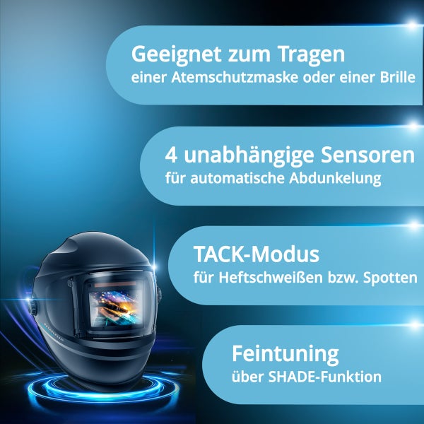 Schweißhelm mit Funktionen wie Eignung zum Tragen einer Atemschutzmaske oder Brille, 4 unabhängige Sensoren, Tack-Modus und Feintuning.