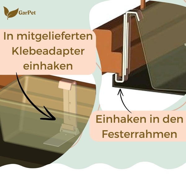 GarPet Montage des Fensterbeets mit Klebeadapter und Einhaken in den Fensterrahmen