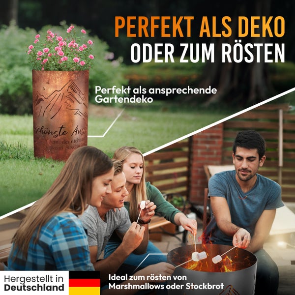 Gruppe von Personen röstet Marshmallows über einer Feuerschale, die auch als Pflanzgefäß verwendet werden kann