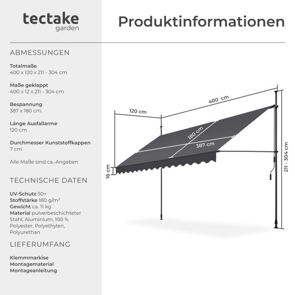 Klemmmarkise tectake  einfache Montage mit Handkurbel schwarz/grau
