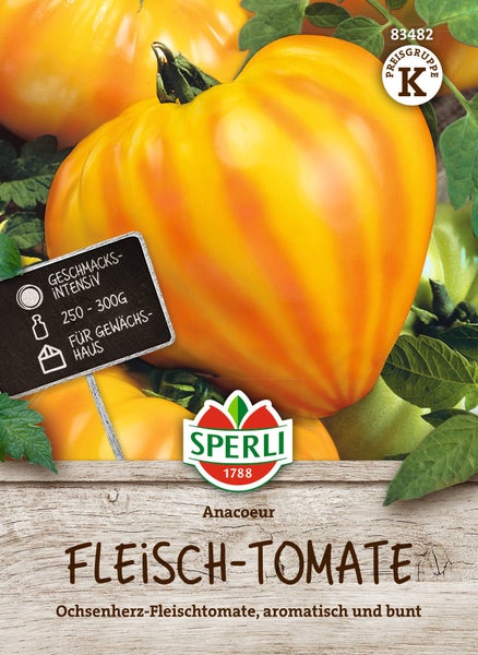 Samenpaket für Fleischtomate Anacoeur von Sperli für den Anbau im Gewächshaus mit aromatischer Ochsherz Tomatenfrucht.