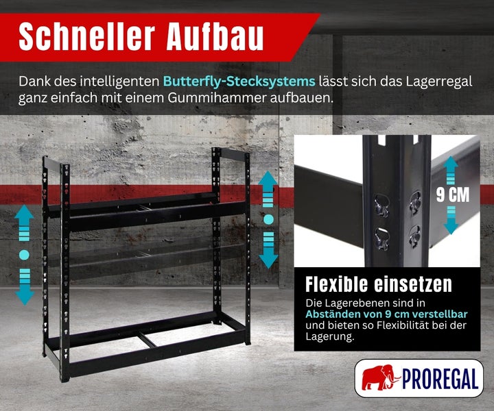 Schwerlastregal mit Butterfly-Stecksystem, Regalböden in 9 Zentimeter Abständen höhenverstellbar, schneller Aufbau. Proregal Logo.