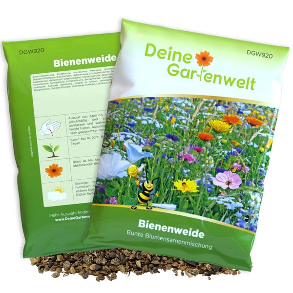 Samenmischung Deine Gartenwelt Bienenweide für eine Blumenwiese, Vorder- und Rückseite der Verpackung mit Aussaathinweisen und losem Saatgut.