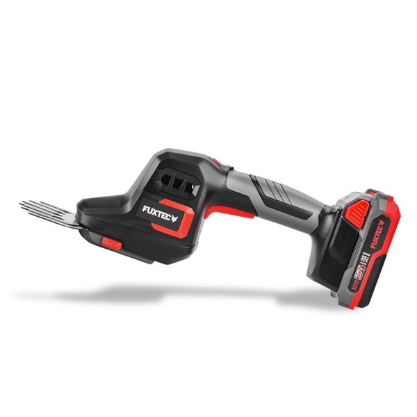 Akku-Gras- und Strauchschere Fuxtec 20 Volt mit ergonomischem Griff und Metallscherblatt