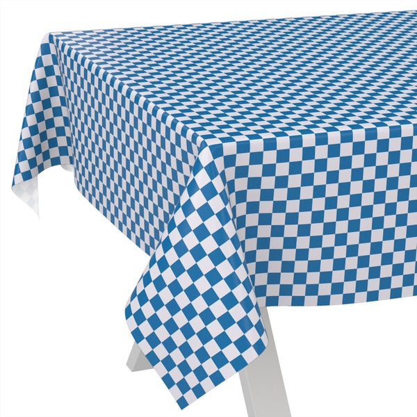 Wachstuch-Tischdecke mit blau-weißem Karomuster für Gartentische und Feste.