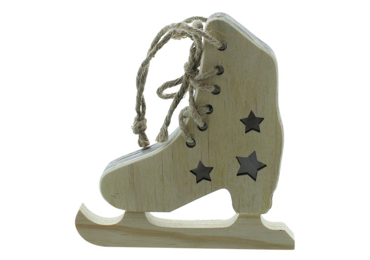 FRANK FLECHTWAREN | LED-Schlittschuh Sternchen, 16,5 x 15 x 2,5 cm, BUCHE, ACRYL, JUTE,