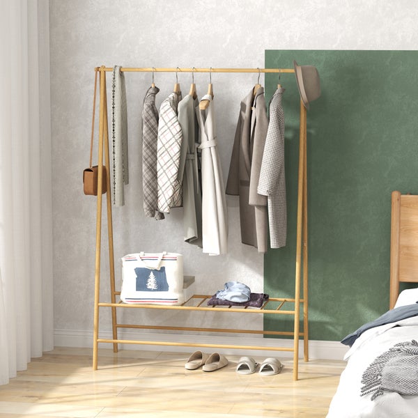 HOMCOM Kleiderständer Garderobenständer mit Ablagen, Haken, Kleiderstange, Garderobe aus Bambus für Schlafzimmer, Ausstellungen, Waschküche, Waschküche, Naturholz