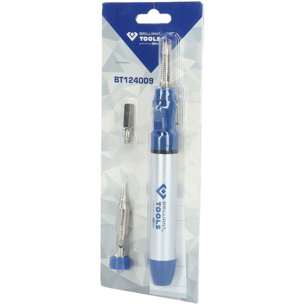 Gaslötkolben von Brilliant Tools mit silbernem und blauem Gehäuse, inklusive eines zusätzlichen Brenneraufsatzes.