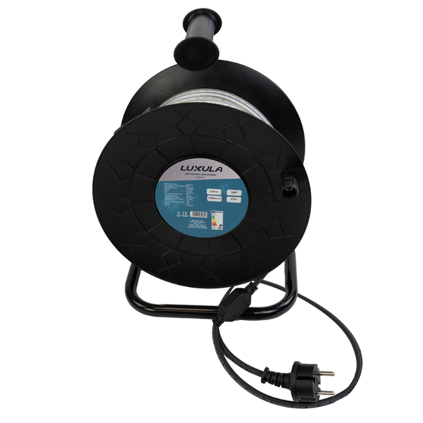 Luxula LED-Streifen Baustrahler auf Kabeltrommel, 25 Meter, 1000 Lumen pro Meter, Abstrahlwinkel 180 Grad, mit Netzstecker und Tragegriff.