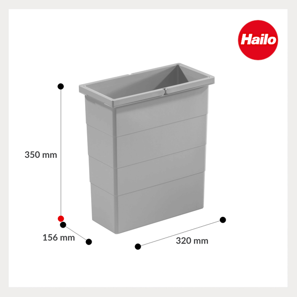 Grauer Hailo Mülleimer-Einsatz aus Kunststoff, Maße 350 Millimeter Höhe, 320 Millimeter Länge, 156 Millimeter Breite, Hailo Logo.