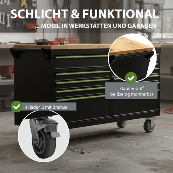 Werkbankwagen mit Schubladen und vier Rädern, zwei davon mit Bremse