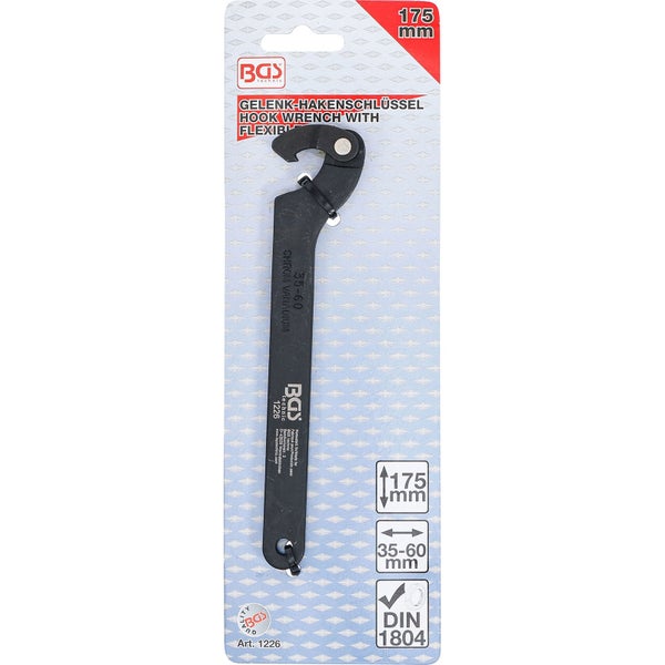 BGS technic Gelenk-Hakenschlüssel aus Chrom-Vanadium, Länge 175 Millimeter, Spannbereich 35 bis 60 Millimeter, DIN 1804.