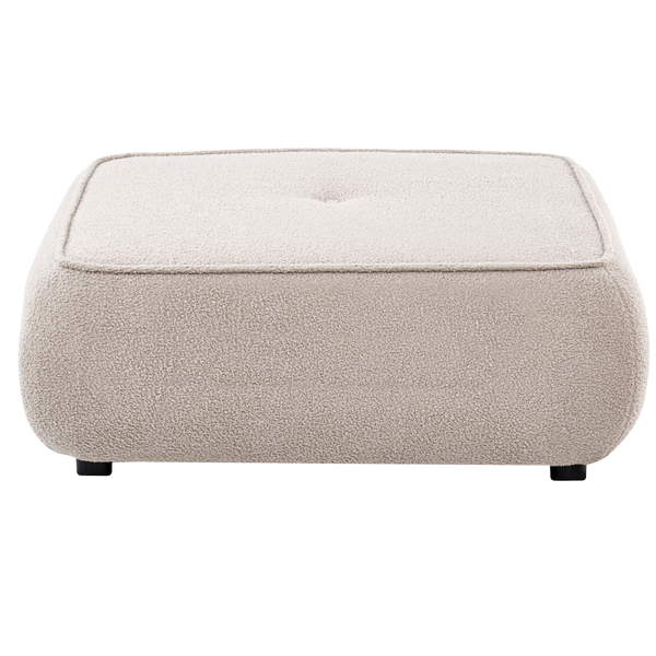 Rechteckiger Hocker mit Bouclé-Stoffbezug, Knopfheftung in der Mitte und kleinen Standfüßen.