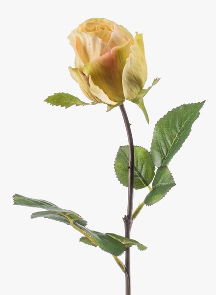 Detailaufnahme von künstlichen grünen Rosenblättern mit gezackten Rändern und Blattadern.