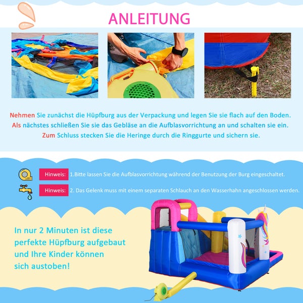 Outsunny Hüpfburg mit Gebläse Rutsche Pool für 4 Kinder aufblasbare Springburg für 3-8 Jahre Outdoor Wasserpark für Kinder Oxford-, Polyester-Gewebe mehrfarbig 360 x 305 x 210 cm