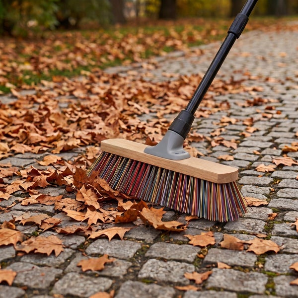 Ein Straßenbesen mit Holzrücken und mehrfarbigen Borsten auf einem Kopfsteinpflaster mit Herbstlaub.