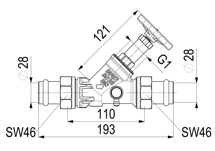 Technische Zeichnung eines Freistromventils mit Pressanschlüssen DN 25, G 1 Zoll, Länge 193 Millimeter.