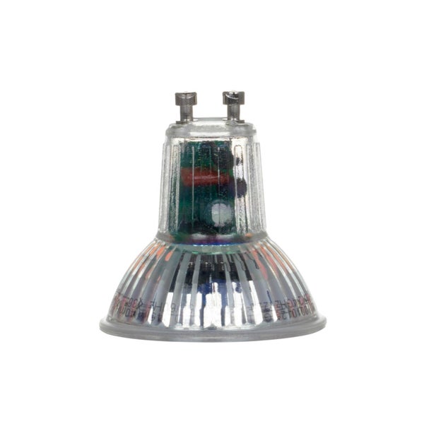 LED-Leuchtmittel Reflektor GU10 aus Glas mit transparentem Gehäuse.