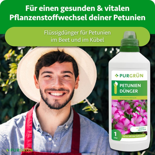 Purgrün Petunien Flüssigdünger mit Guano und Aqua Plus für Beet und Kübel, ein Liter Flasche.