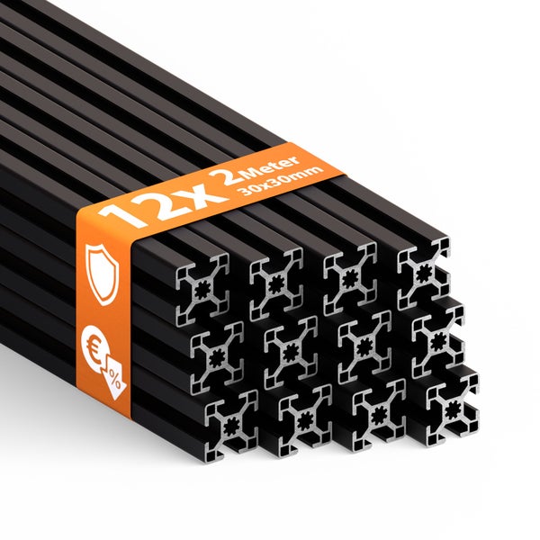 Zwölf Aluminiumprofile, je zwei Meter lang, 30 x 30 Millimeter